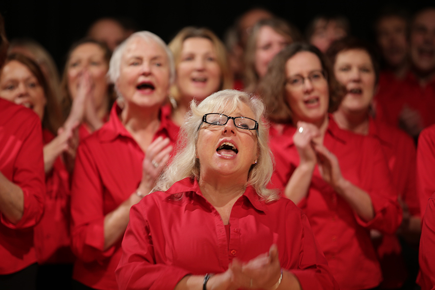 Concert photo of Bath Community Gospel Choir singing and clapping